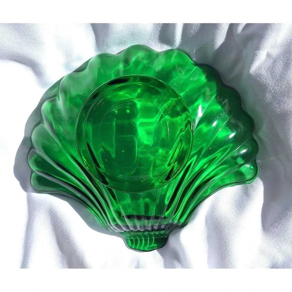 Vtg anchor Hocking Green Glass Seashell Trinket Dish candy Bowl cottage core